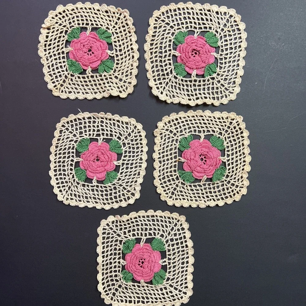 VTG 1950's Hand Crochet 3D Pink Beige Green Doilies Coasters Set Of 5 EUC
